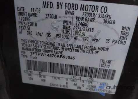 2006 Ford F-150 Fx4/Lariat/Xlt из США, поврежденный, VIN 1FTPW14576KB53545